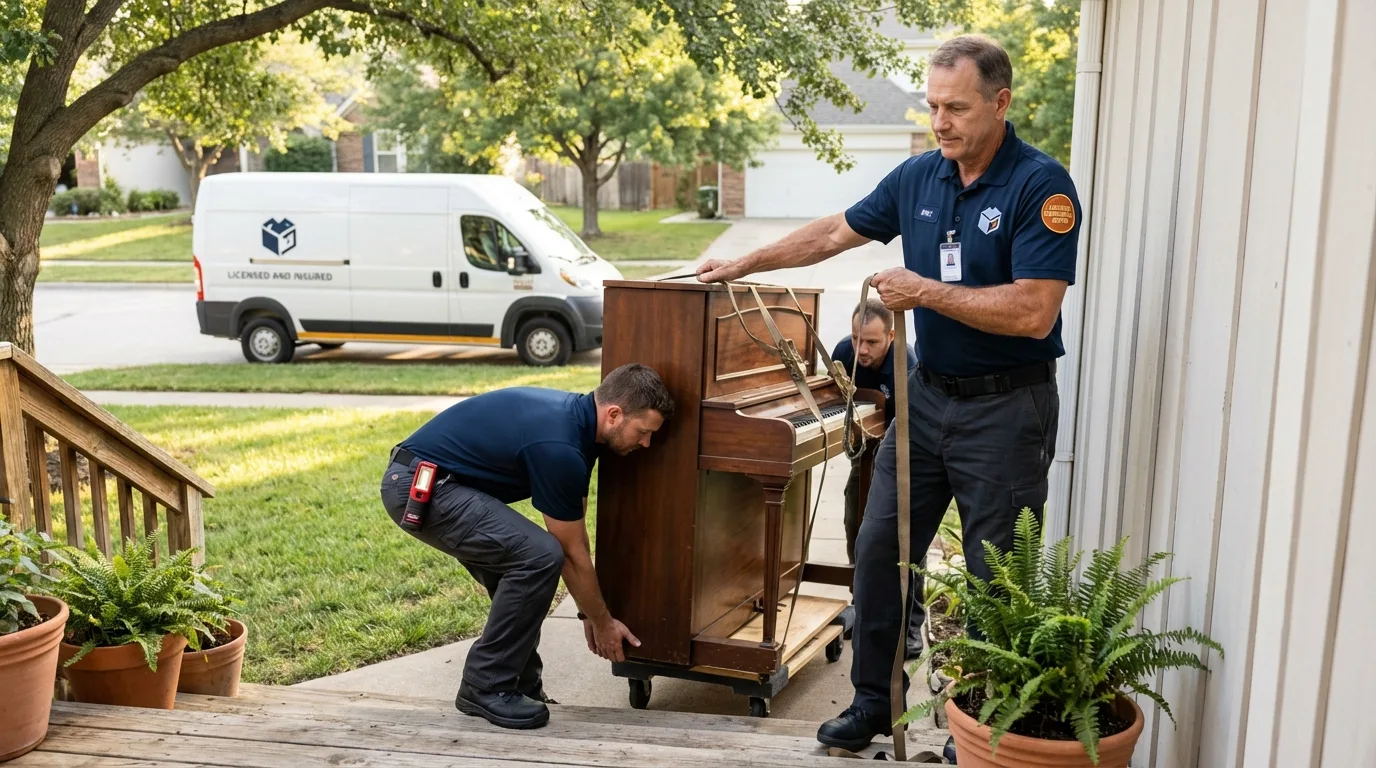 Licensed piano movers securing grand piano in Robbins, IL