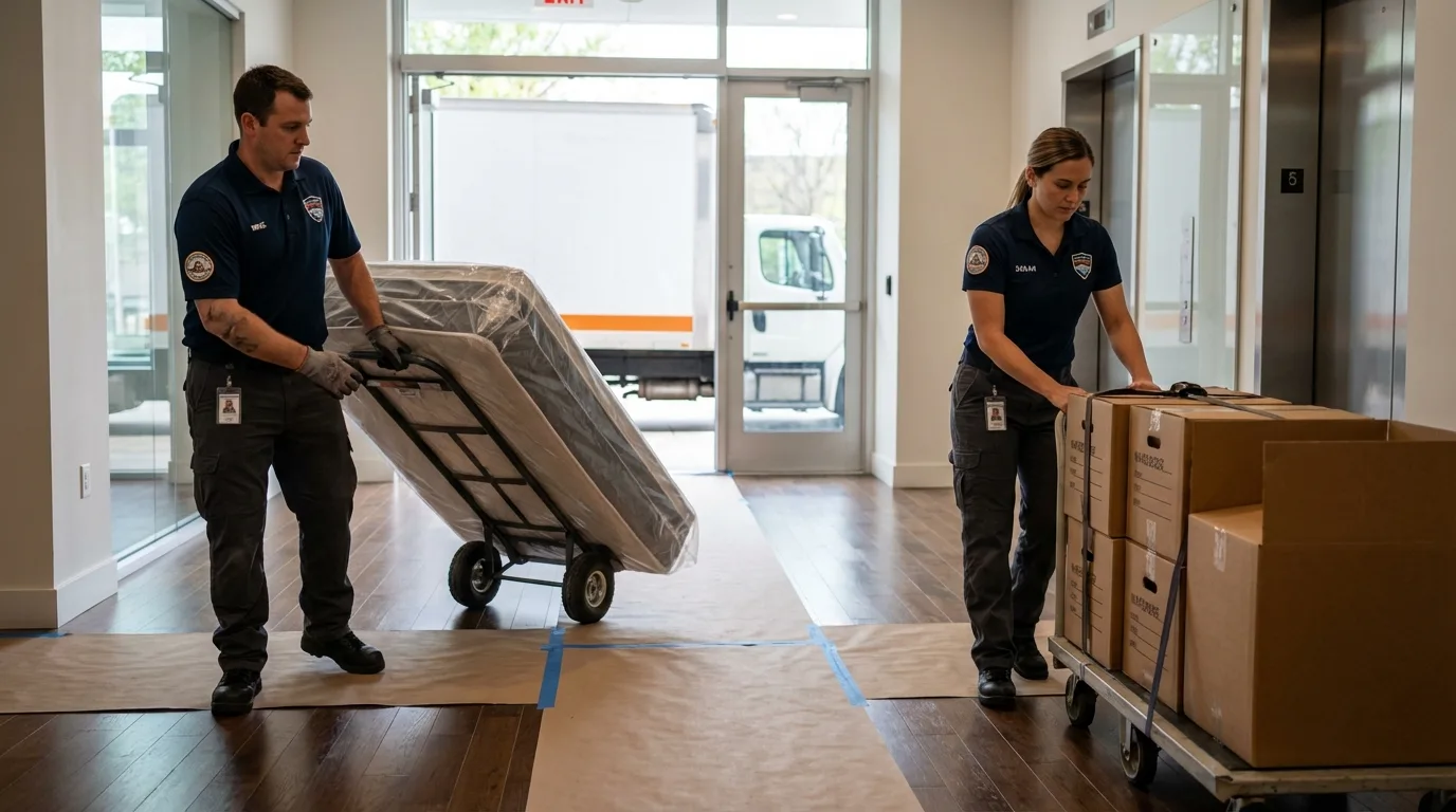 Professional apartment movers loading elevator in Robbins, IL