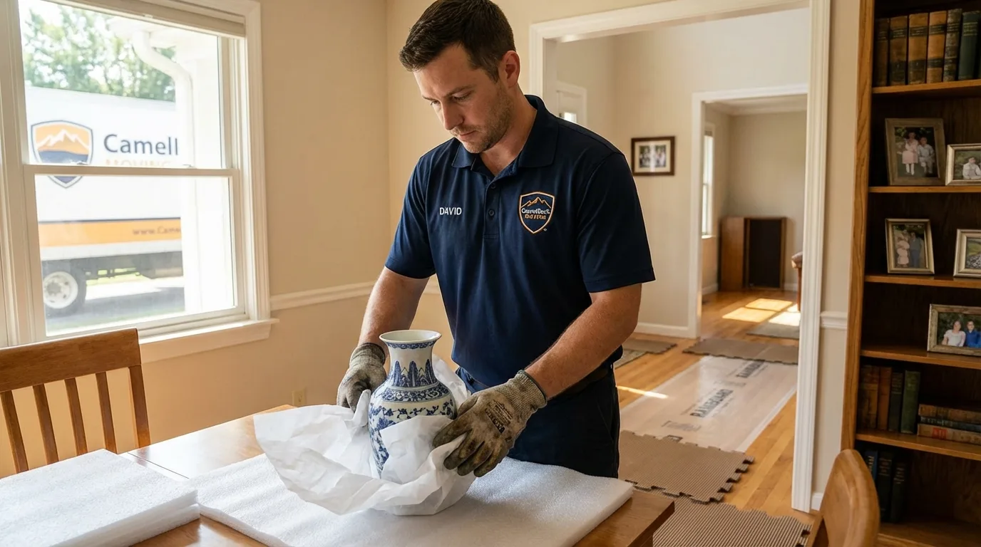 Professional crew carefully wrapping antique vase for senior downsizing move in Robbins, IL